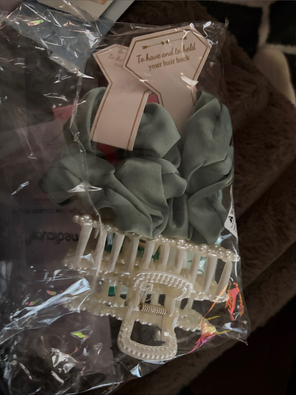 Sage Green Scrunchie Set with Pearl-Trimmed Hair Claw